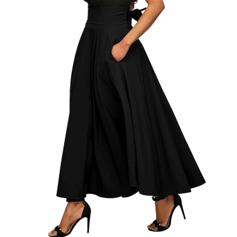 Newbestyle Mujeres Casual Flowy Nudo De Mariposa Falda De Cintura Alta Falda Larga Plisada con Bolsillos
